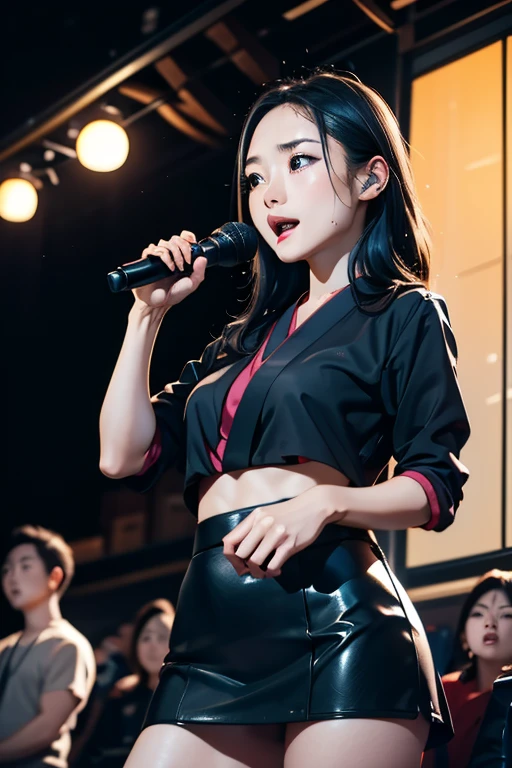 (masterpiece, Highest quality)、live house、Cute girl vocalist、Dark Eyes、Gorgeous lighting、Tight mini skirt、Black Hair、Japanese women、Stand microphone、