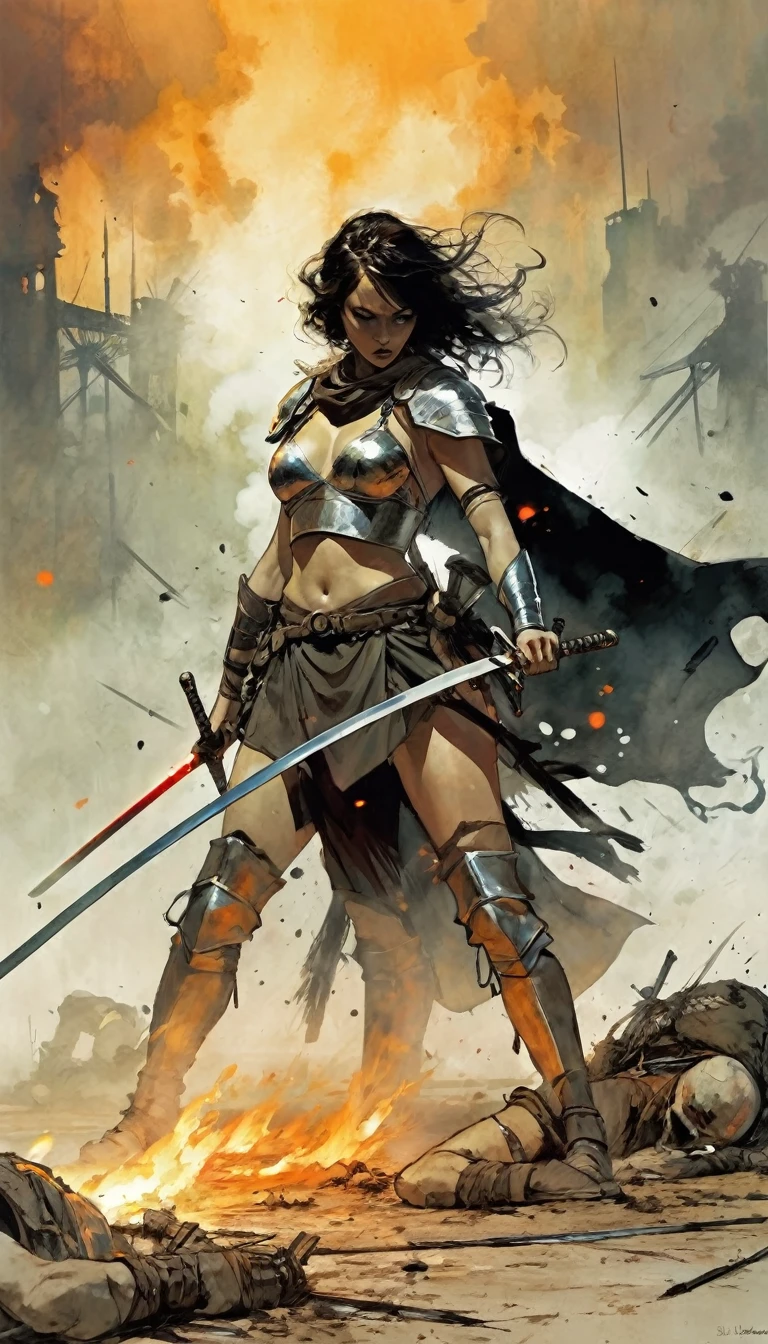 a woman's body impaled by ten swords, (art inspired in Bill Sienkiewicz), oil painting, (best quality,8k,highres,masterpiece:1.2),ultra-detailed,(realistic,photorealistic,photo-realistic:1.37),dramatic lighting,dark moody colors,detailed anatomy,dramatic pose,surreal,dark fantasy,cinematic,chiaroscuro,moody atmosphere
