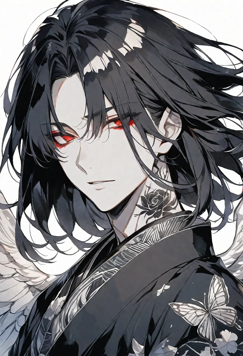 solo,handsome, monotone,Watercolor,
1. male,
bangs,Straight Hair,Bob Hair, ポニーテール,
black hair, Gojo Satoru,angel wing,
red Eyes,Black Rose Tattoo,butterfly Tattoo,
Black kimono,Japanese Pattern,
skin,Silver Accessories,
White background,