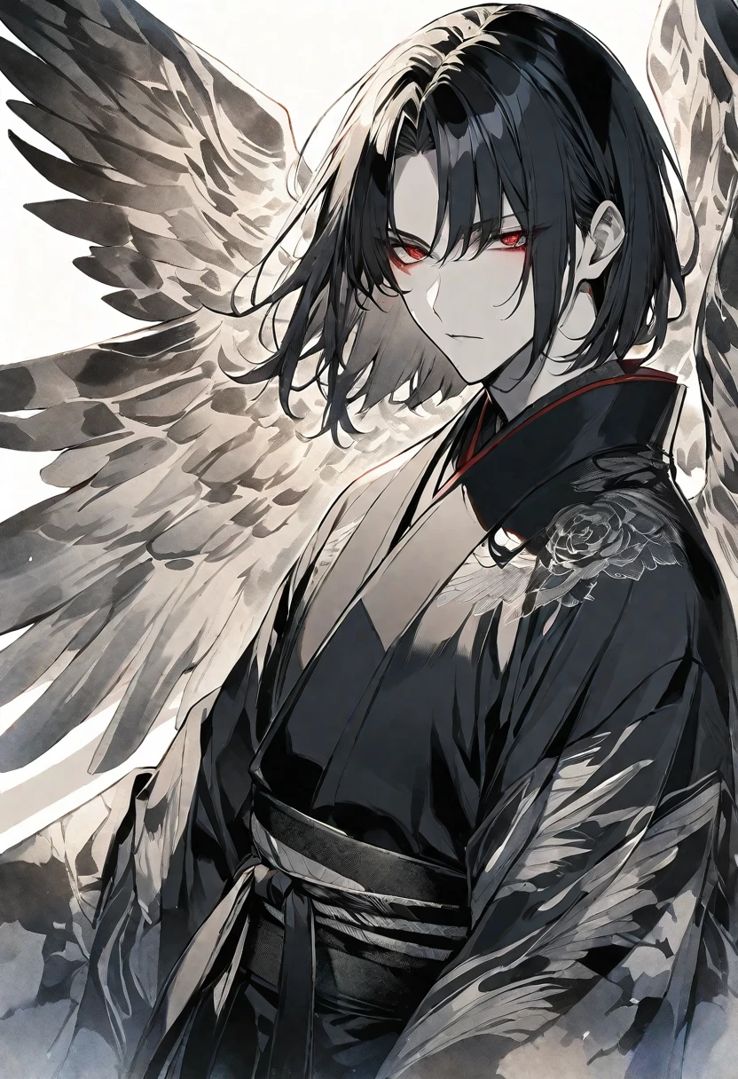 solo,handsome, monotone,Watercolor,
1. male,
bangs,Straight Hair,Bob Hair, ポニーテール,
black hair, Gojo Satoru,angel wing,
red Eyes,Black Rose Tattoo,butterfly Tattoo,
Black kimono,Japanese Pattern,
skin,Silver Accessories,
White background,
