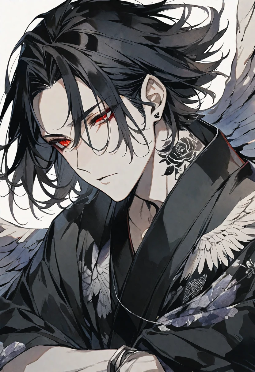 solo,handsome, monotone,Watercolor,
1. male,
bangs,Straight Hair,Bob Hair, ポニーテール,
black hair, Gojo Satoru,angel wing,
red Eyes,Black Rose Tattoo,butterfly Tattoo,
Black kimono,Japanese Pattern,
skin,Silver Accessories,
White background,