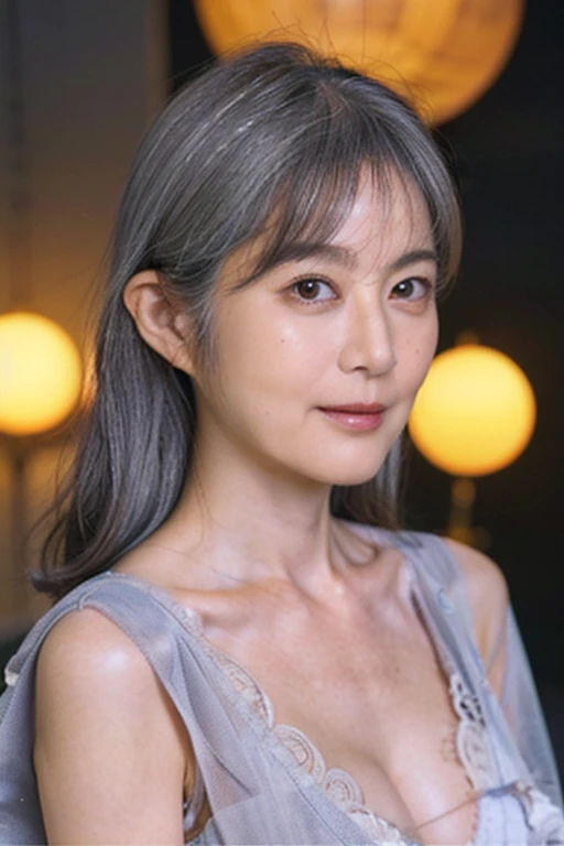 60 years old,(Mature Woman:1.2), Captivating Gaze,(((Long, old, gray hair))),Brown eyes, (She has many wrinkles on her face:1.4), (Her chest has many wrinkles..4),old woman, Fine wrinkles (8K, High resolution,super high quality, Ultra HD,Ultra-realistic,Highest quality,Masseter muscle area:1.2)(Large breasts,Big cleavage:1.1) ,(old woman in Japan) ,Sexy Lingerie,Eyes visible through hair, Proper eye position,Cinematic Light,Soft Light,Waist,at night,Soft moonlight,detailed color graded background,Complex, Very detailed,8K,Overall silhouette,bedroom,Look down