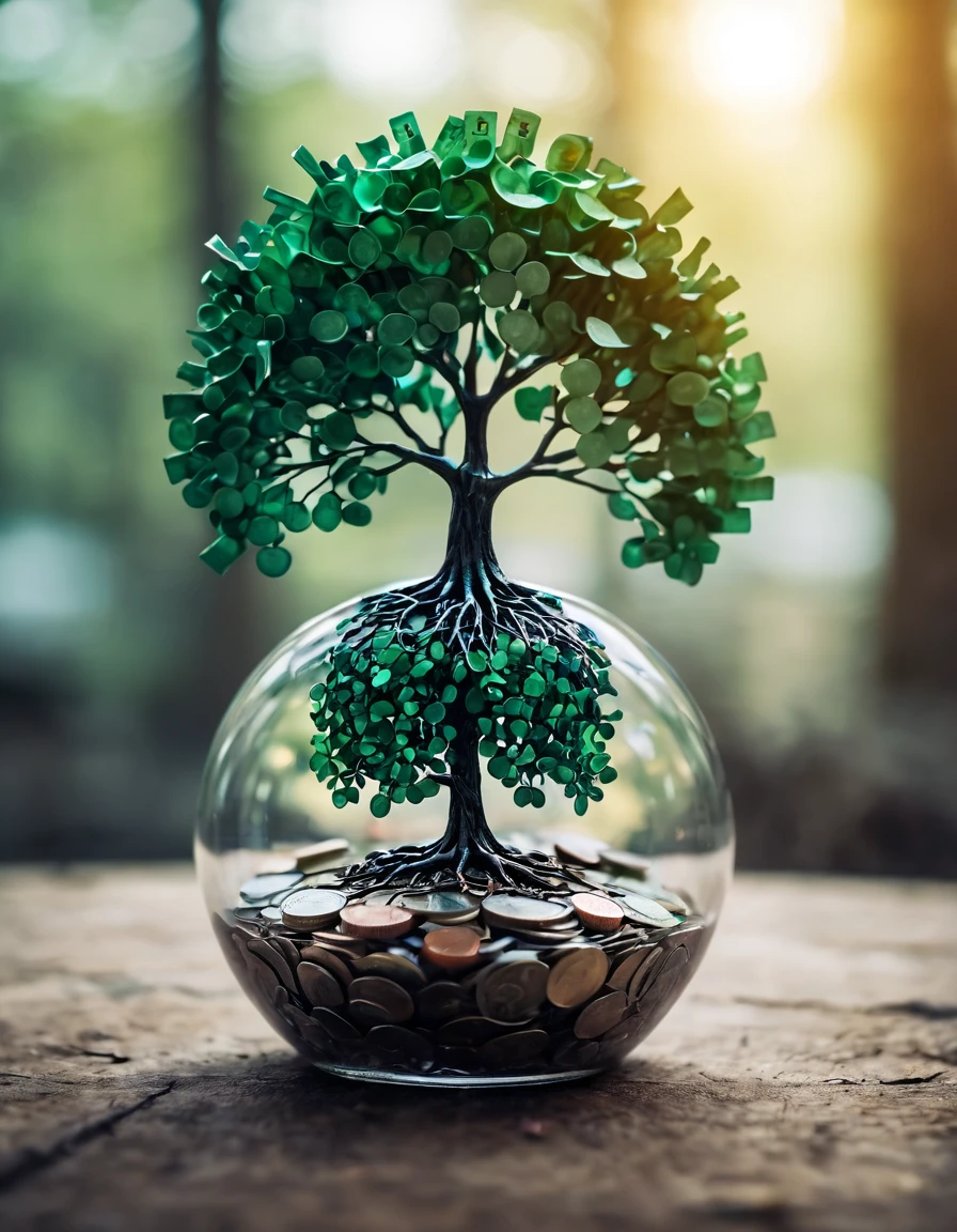 breathtaking shallow depth of field, bokeh, a brilliantly colored glass paperweight containing a tree showing the green paper money as leaves colored branches above and a root structure below that is just as extensive