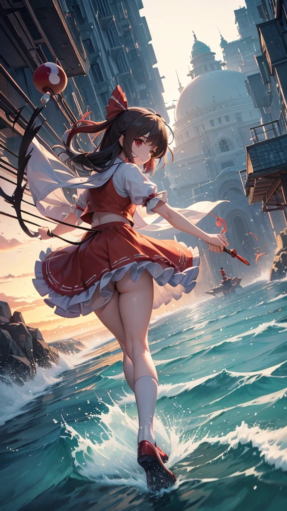 solo 1 girl view, TouHou project, An adventure girl Reimu, which due to a curse has been transformed into Kedama, a little ball of hair, having to fight waves of enemies, an isometric perspective with both ranged attacks and hand-to-hand combat, being able to turn into different monsters, random angle.,(all realistic intricate details)