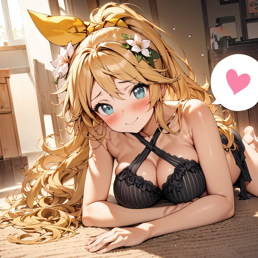 masterpiece), (highest quality), (illustration), (super detailed), (high resolution), absurdity, 1girl,kagamine len,vocaloid,long hair,wavy hair,ponytail,criss-cross halter,black striped bikini,long hair,hair flower,blush,beachyokozuwari,looking at viewer, feet,blush,shy smile,bimbo,spoken heart
