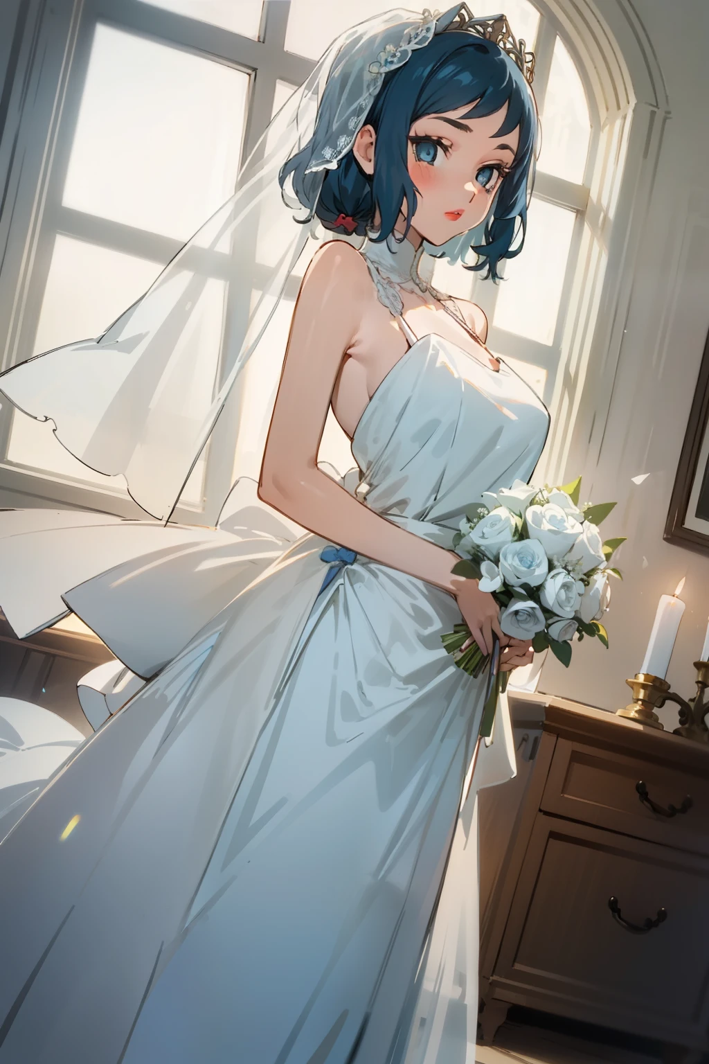 Night time,(Masterpiece), Best Quality, ultra-detailed, 1girl (rinko_iori, Slender and sexy body, big and pretty breasts, dark blue hair, chignon, blue eyes, empty eye), blank face ,parted lips, mascara, full makeup, red lipstick, facing viewer, looking at viewer, solo, white wedding dress, see-through dress, ornate dress, long dress, bows, wide skirt, white veil,bouquet grab , bows, in the livingroom, standing, , Frontal Shots