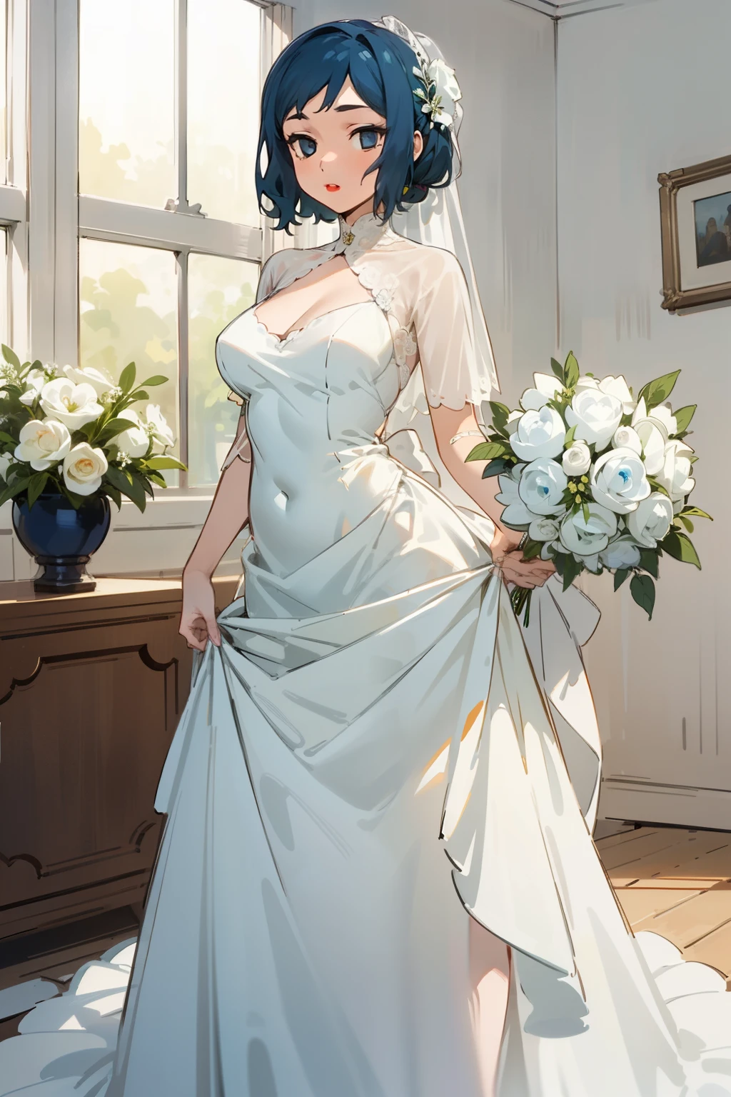 Night time,(Masterpiece), Best Quality, ultra-detailed, 1girl (rinko_iori, Slender and sexy body, big and pretty breasts, dark blue hair, chignon, blue eyes, empty eye), blank face ,parted lips, mascara, full makeup, red lipstick, facing viewer, looking at viewer, solo, white wedding dress, see-through dress, ornate dress, long dress, bows, wide skirt, white veil,bouquet grab , bows, in the livingroom, standing, , Frontal Shots