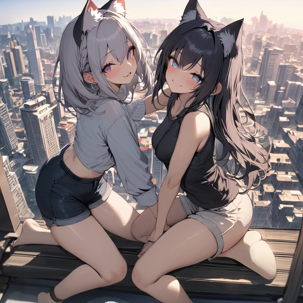 masterpiece, best quality, absurdres, two heads, conjoined, 2girls, cat ears, shirt, shorts, city background, smile