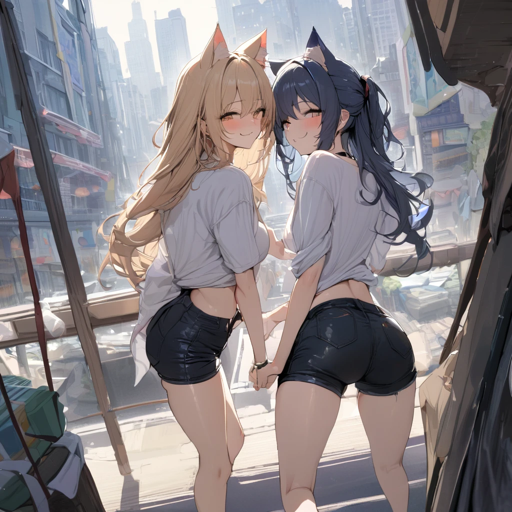 masterpiece, best quality, absurdres, two heads, conjoined, 2girls, cat ears, shirt, shorts, city background, smile