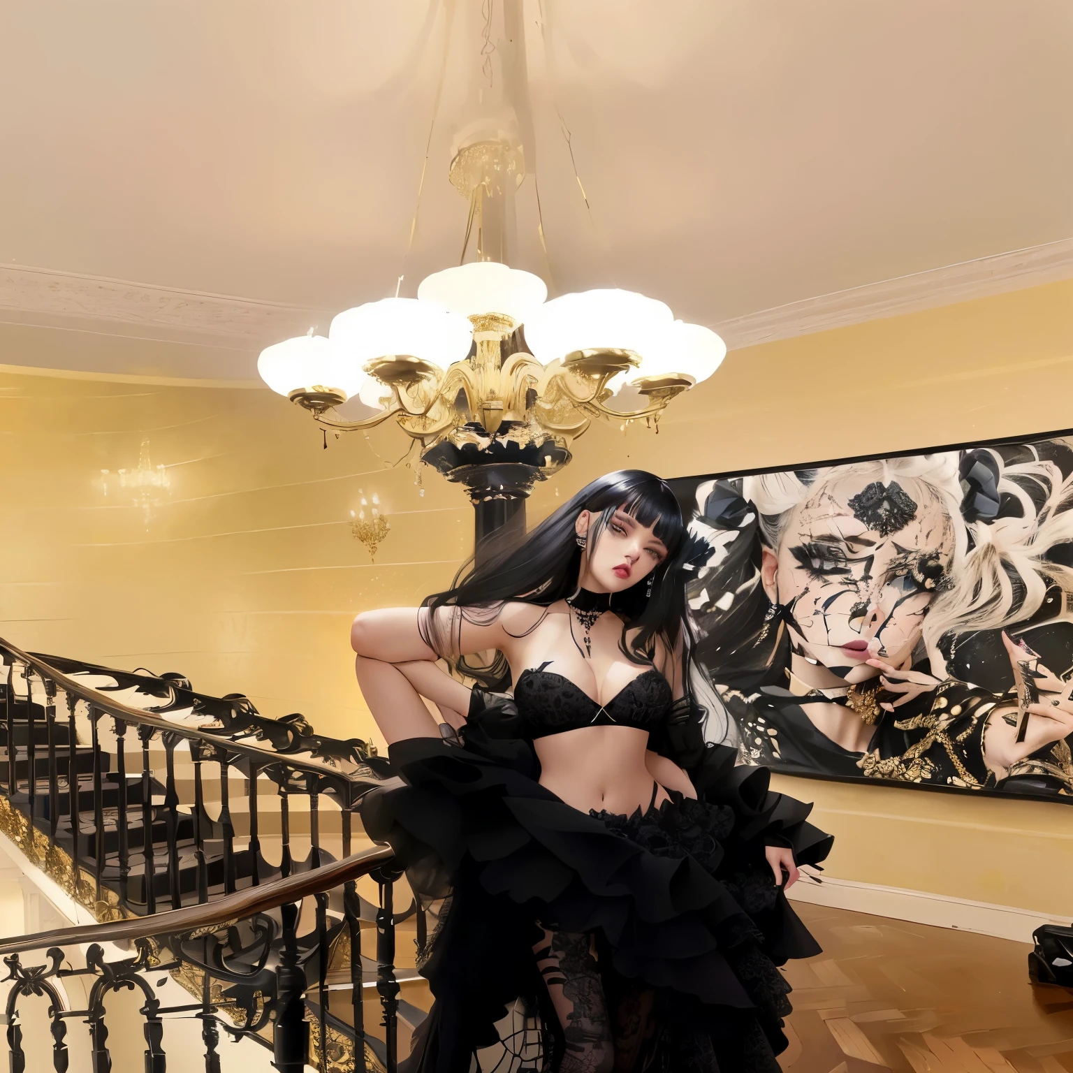 araffe woman in a black dress standing on a staircase, in paris, by Emma Andijewska, wearing intricate black choker, julia sarda, Yoshitomo Nara, 🤬 🤮 💕 🎀, inspired by Hedi Xandt, anna nikonova aka newmilky, 🔥 😎 🕹️ 👀 :2 blackpink jennie