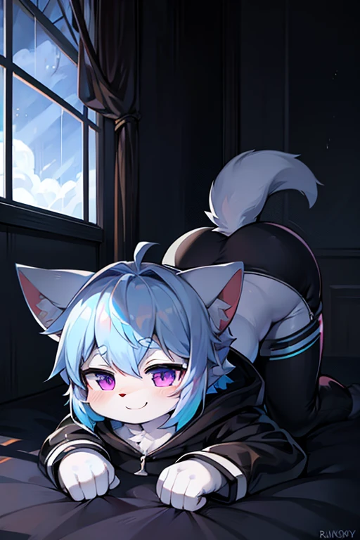 cat plush,hairy,furry,Colorful Patterned White Sweatshirt,black bunny suit,Q version,cute,Simple art style,Cartoon style,purple eyes,Cheerful,happy,Ears with blue hair and ear tips with white hair,blue hair on back,Big tail blue tail tip white,raincoat,dark clouds,rain, on all fours, show big ass, femboy
