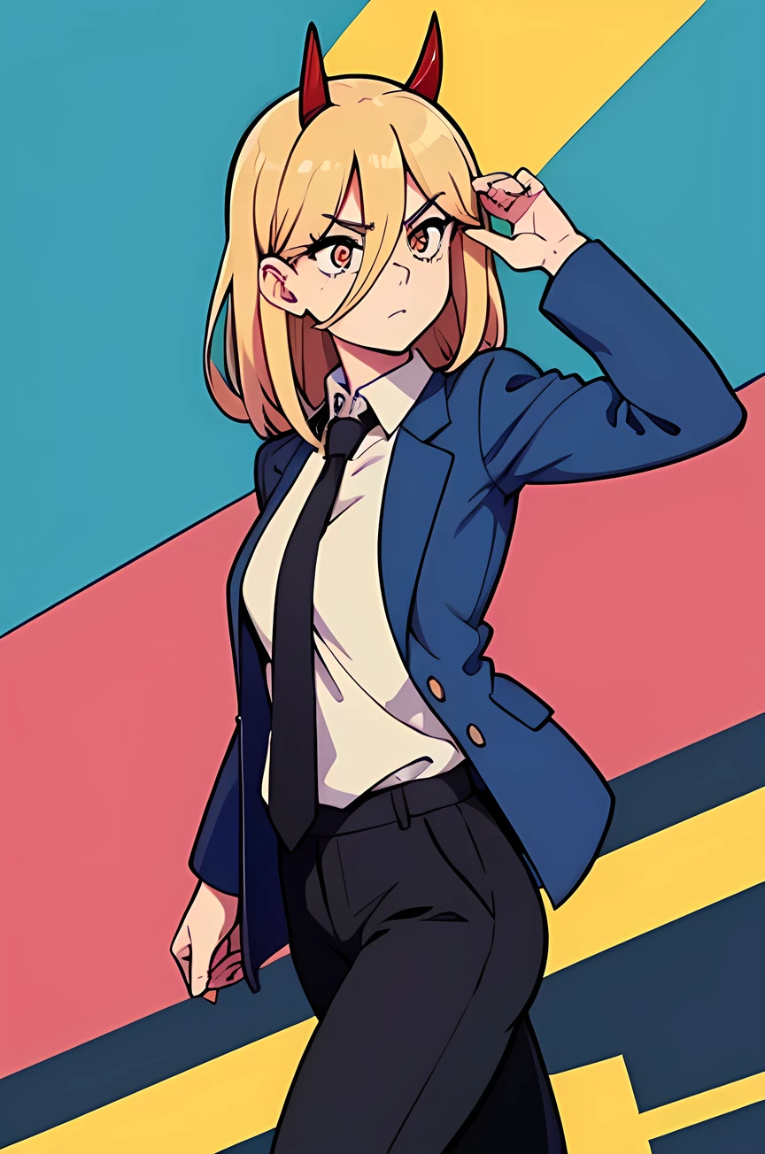 power \(csm\), walking, from side, perfil view, symbol-shaped pupils, cross-shaped pupils, perfect but, standing, blue jacket, collared shirt, black necktie, black pants, rolled up pants, capri pants, untucked shirt, blonde hair
