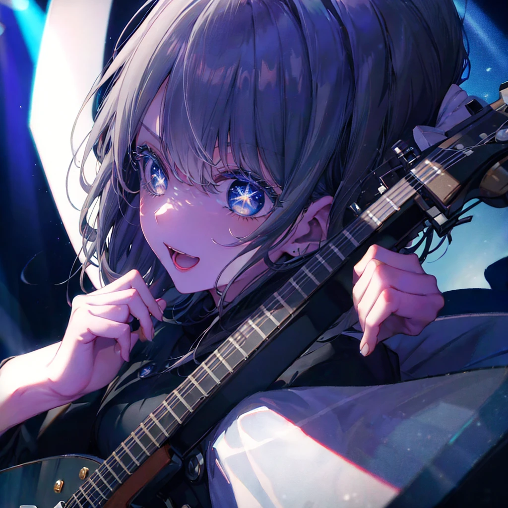(((1 person Gray Hair dress singer blue eyes))) ((High resolution short hair 青いdress Black Skirt Rin々Funny face)) ((Close-up)) ((Open your mouth Shining Aura On stage Guitar solo)) (smile Exposure to blue light) Shining Background Shining Edge