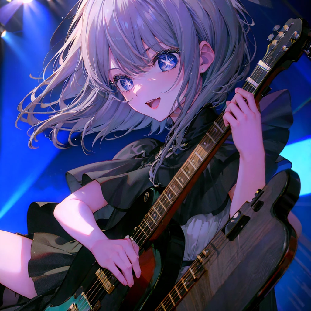 (((1 person Gray Hair dress singer blue eyes))) ((High resolution short hair 青いdress Black Skirt Rin々Funny face)) ((Close-up)) ((Open your mouth Shining Aura On stage Guitar solo)) (smile Exposure to blue light) Shining Background Shining Edge