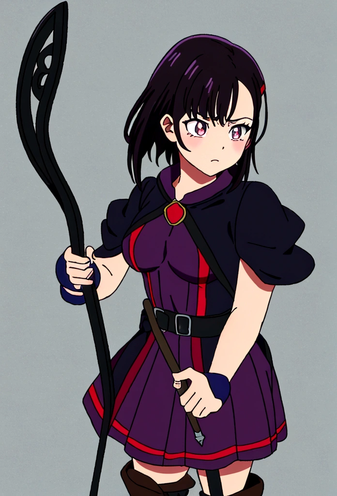 Superior image quality, high resolution, garota jovem, Pele caucasiana, shorth hair, black hair with purple shine, yellow  eyes, red bow on head, black leagwear, short dress, holding staff, serious expression, medieval theme, Black boots, brown details not dressed, shoulderpads, small ruffles on the dress
