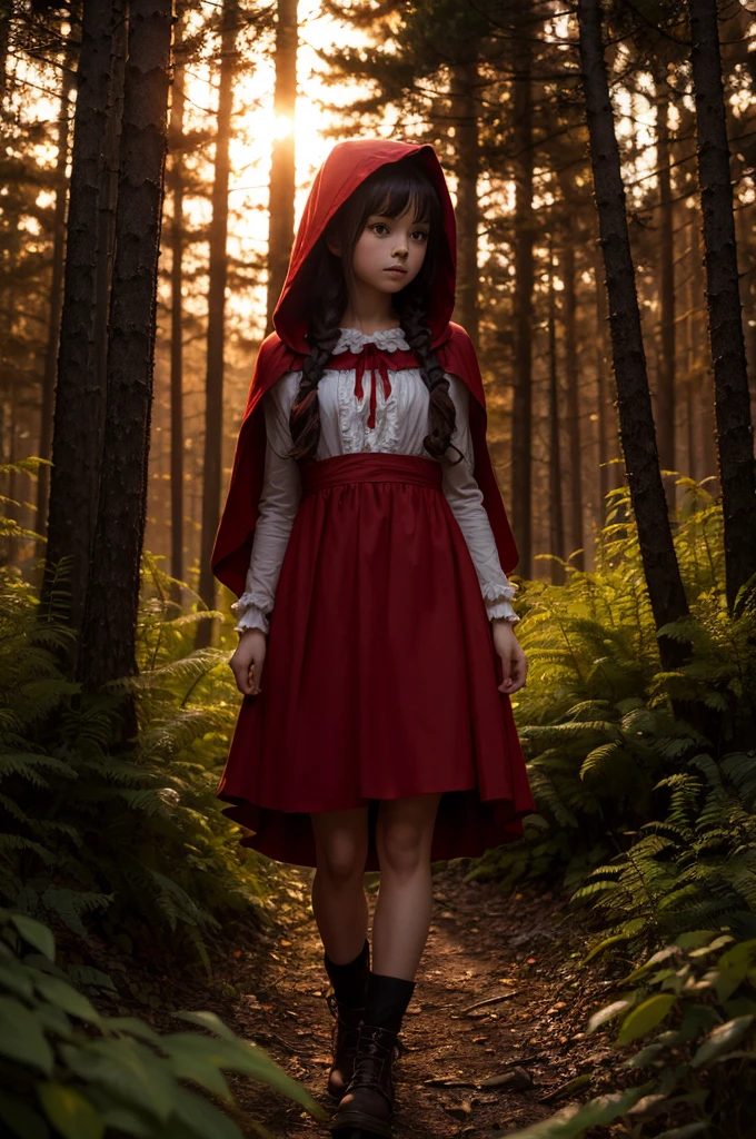 Little Red Riding Hood fairy tale、10Generation of women、Cute woman、Light clothing、Cinematic quality、It has a dark atmosphere and is a little scary.、mysterious