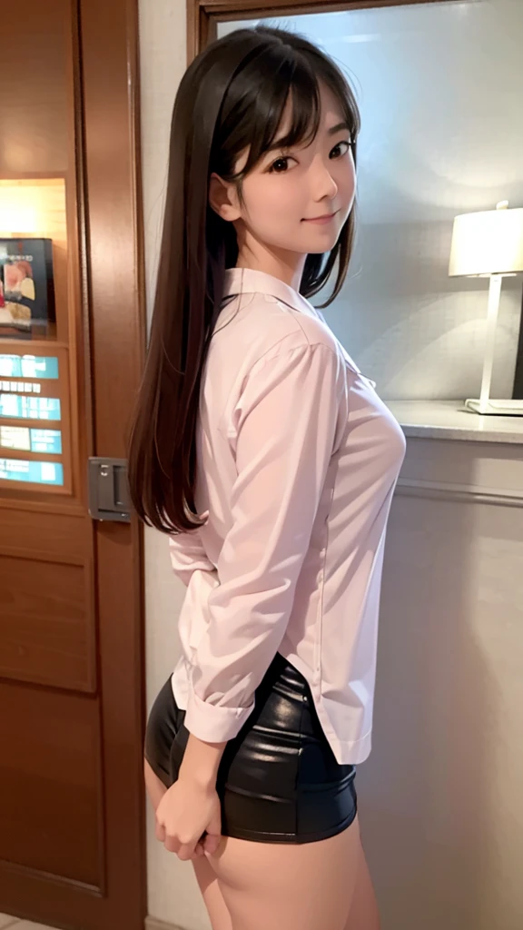 masterpiece,best quality,ultra-detailed,1girl, blouse,miniskirt,(heyapanel), finger to far,blush,from side upper body, lovehotel, reception,scenery,japan