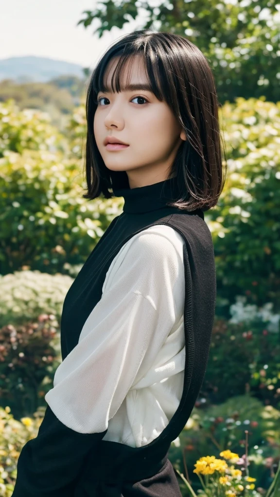 One Girl、Brunette Hair、Supermodel with a perfect body、Short Bob、wear（black turtleneck sweater dress）、Malaise、Detailed body with a feminine fit、Detailed skin and facial skin、Depth of written border、Skin Details、Cafe daylight、but、garden、butn leaves、RAW Photos、Highest quality、Best image quality、Ultra-high resolution、masterpiece:1.3、８ｋ