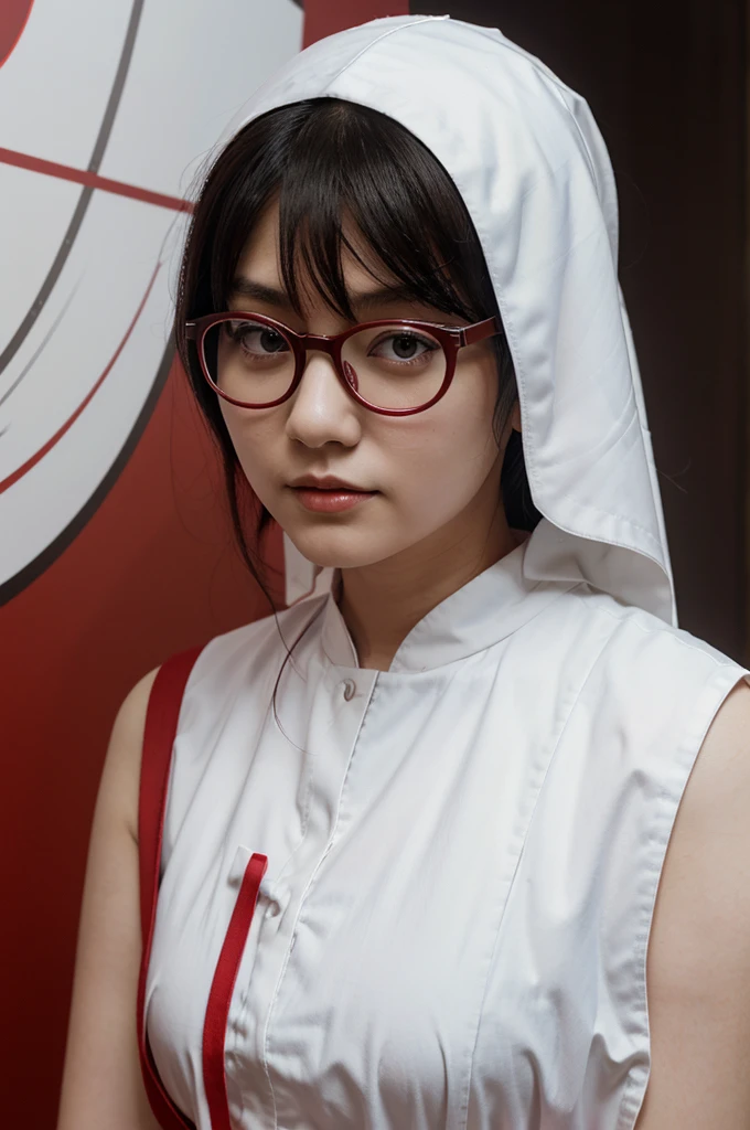 Japanese girl cosplaying in a white nun dress with red stripes wearing glasses with a dark red background
