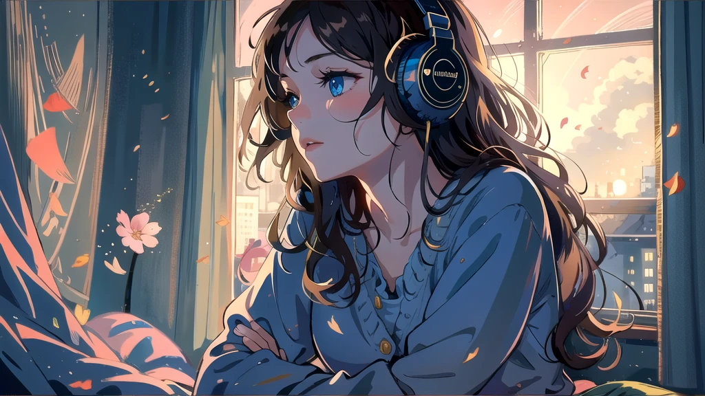 Create an illustration of a girl with dark hair and blue eyes, sitting sideways in front of the window of her room, She is wearing headphones and has a sentimental and introspective expression, Moonlight softly shines into the room, gently illuminating the space, Curtains sway in the breeze, enhancing the serene, melancholic atmosphere, Emphasizing the themes of solitude, silence, and the depths of night, the room is dark but slightly illuminated by moonlight