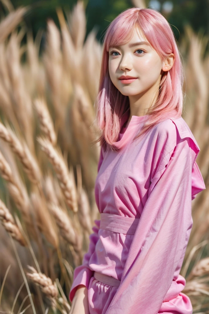 (8K, Highest quality, masterpiece:1,2), (Realistic, Photorealistic:1.37), Super detailed, One Girl,), (Very detailed), (Beautiful and detailed eyes), (Highest quality), (Very detailed ), (masterpiece), (Detailed face),20-year-old, ,1 Girl, whole body, Pink Hair,Very short hair, Medium , Dressed, Perfect lighting, Focus on  and , View your viewers, Excited face, Mischievous face, National costume, Tunic, pink Tunic, Wheat field, evening, Are standing
