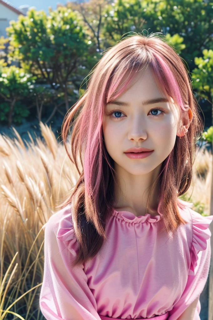 (8K, Highest quality, masterpiece:1,2), (Realistic, Photorealistic:1.37), Super detailed, One Girl,), (Very detailed), (Beautiful and detailed eyes), (Highest quality), (Very detailed ), (masterpiece), (Detailed face),20-year-old, ,1 Girl, whole body, Pink Hair,Very short hair, Medium chest, Dressed, Perfect lighting, Focus on pussy and breasts, View your viewers, Excited face, Mischievous face, National costume, Tunic, pink Tunic, Wheat field, evening, Are standing