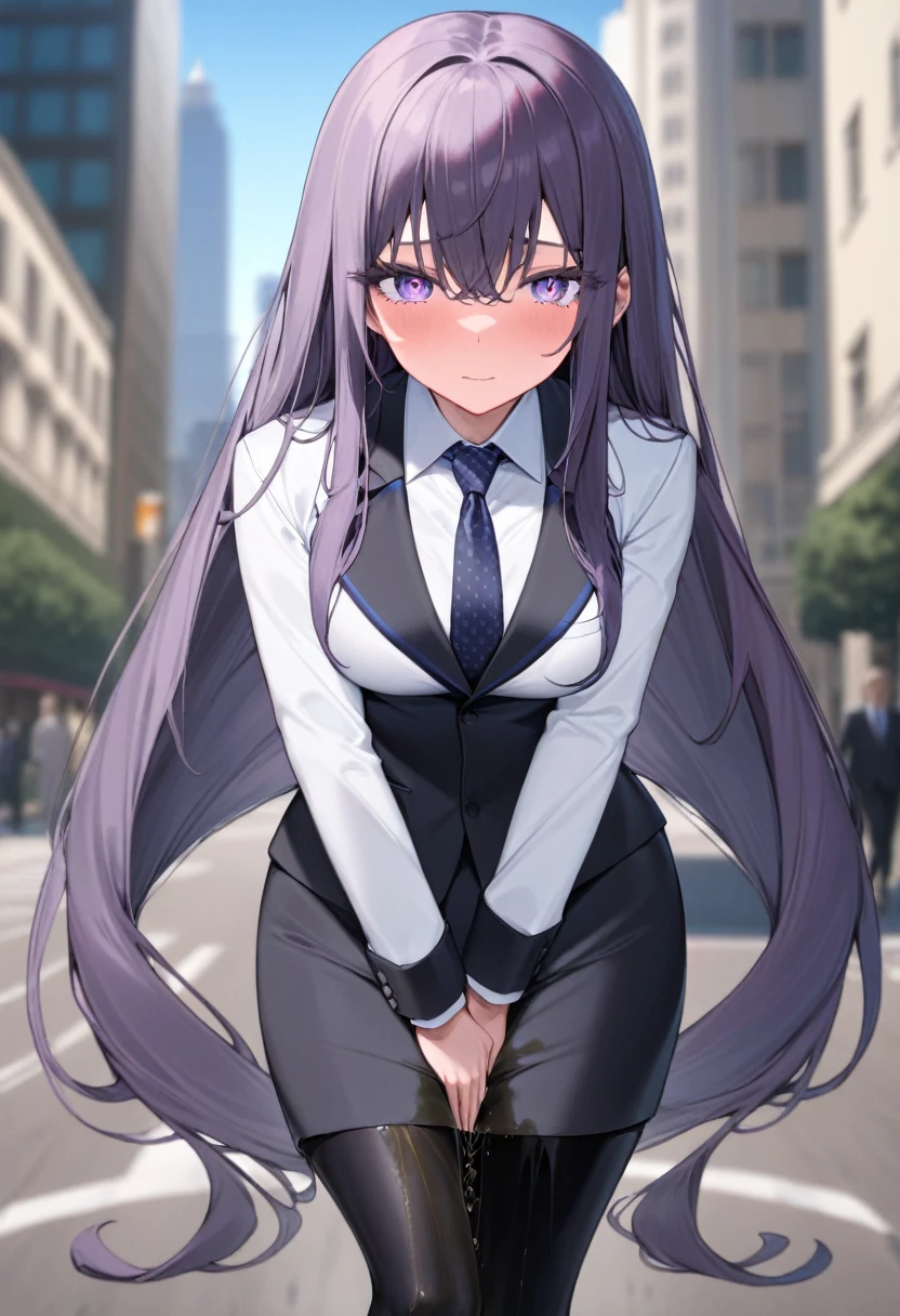 (masterpiece:1.37), best quality, (extremely detailed:1.37) woman, (adult:1.5), (very long hair:1.5), dark purple hair, purple eyes, (extremely detailed eyes:1.37), breasts, business suit, necktie, (very long pencil skirt:2.0), pantyhose, (wetting herself:2.0), arms behind back, standing straight, full body day, daytime, glow, facing viewer, perfect composition, full body, city, street