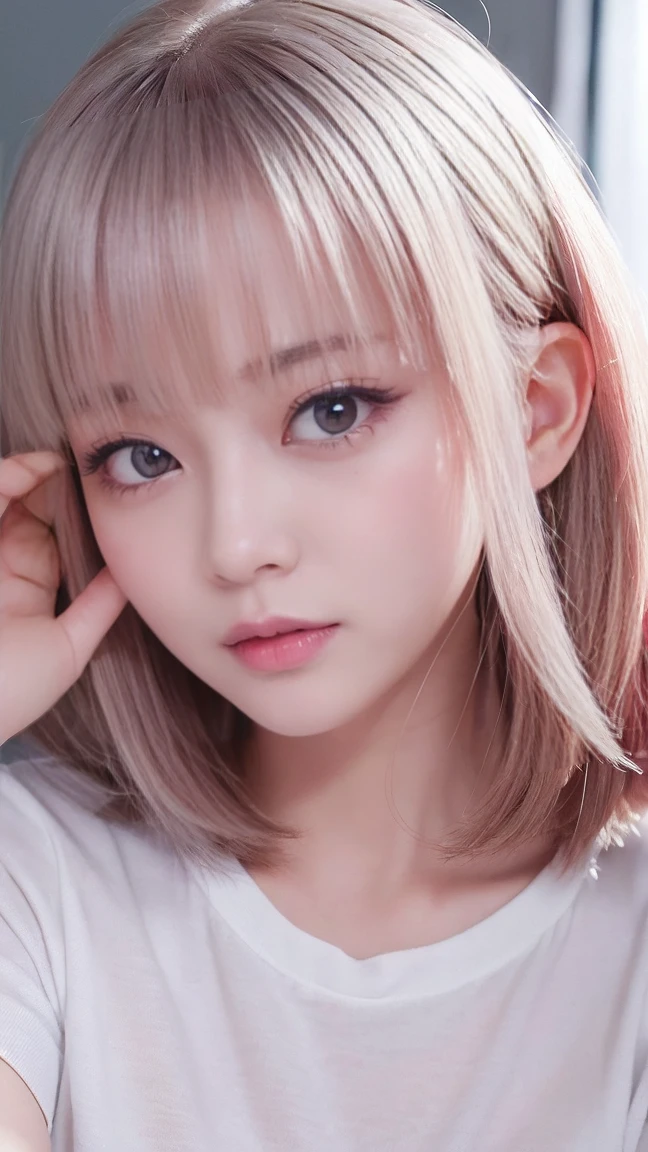 masterpiece、Highest quality、Highest quality、(((upon)))、 ((Blushing with an embarrassed look))、Hair quality and shine、Small face、night、Very detailed, beautiful, Big eyes、Super detailed, clear and beautiful faces、(Cute illustrations:1.2), High resolution, Super detailed, Highest quality, Embarrassing、short hair、Red eyes、White Hair、Short sleeve、threat of rain