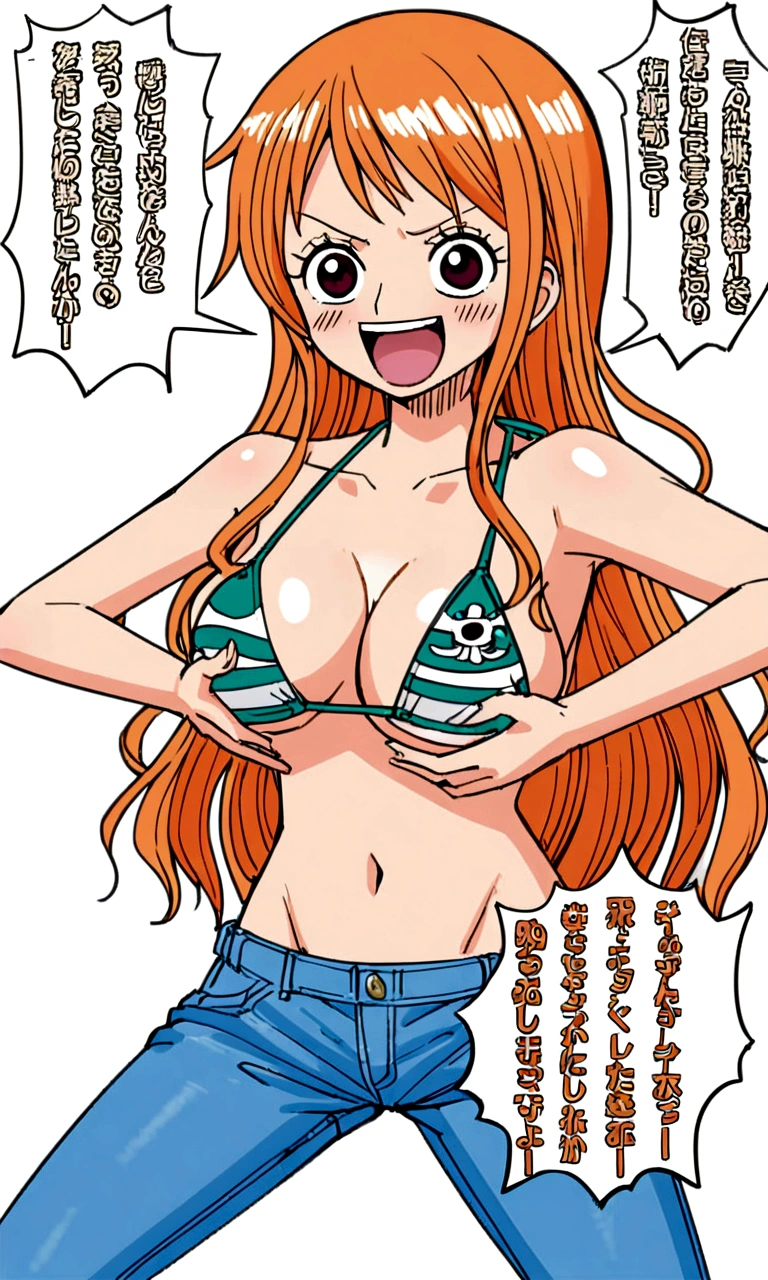 a cartoon picture of a woman in a bikini top and jeans, nami one piece, nami from one piece, nami, beautiful portrait of nami, from one piece, oppai, oppai proportions, blue eyes, smoking