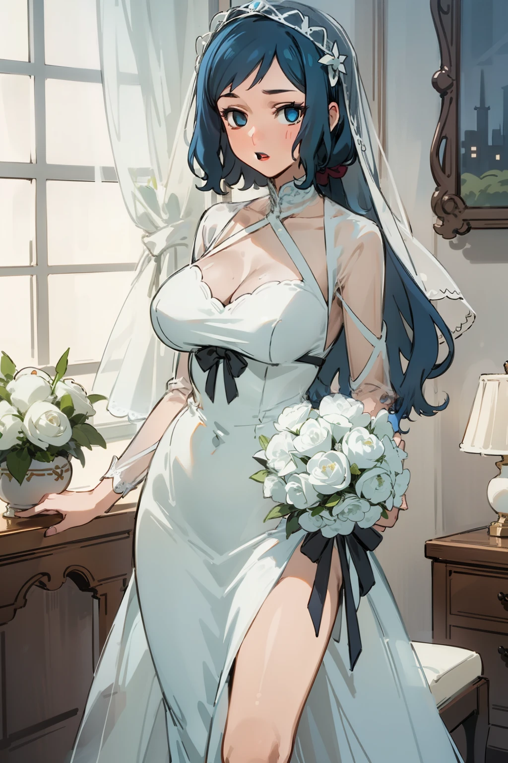 Night time,(Masterpiece), Best Quality, ultra-detailed, 1girl (rinko_iori, Slender and sexy body, big and pretty breasts, dark blue hair, long wave hair, blue eyes, empty eye), blank face ,parted lips, mascara, full makeup, red lipstick, facing viewer, looking at viewer, solo, white wedding dress, see-through dress, ornate dress,  bows, wide skirt, white veil,bouquet grab , bows, in the livingroom, standing, , Frontal Shots 