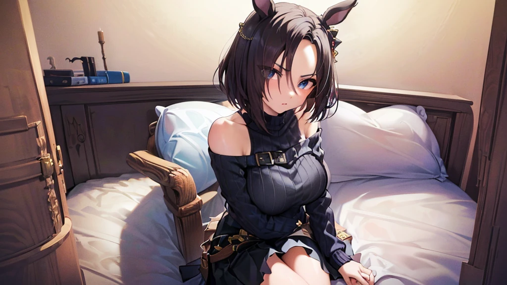 (((masterpiece))),(((High resolution)))、(((perfect face)))、(((Air Groove)))、s old, (((off shoulder tight sweater, mini black skirt))), Plump, top quality eyes, detailed texture, look at the camera, big tits, ((high resolution face)), ((lying on the bed)), (nsfw)
