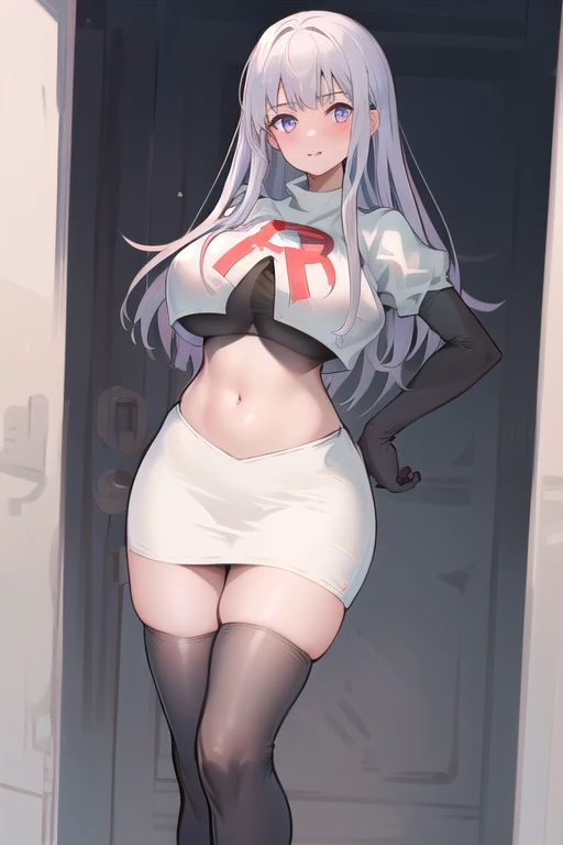 masterpiece,high quality,1girls, large ,plmtazln,team rocket,team rocket uniform,white skirt,red letter R,crop top,black thigh-highs,black elbow gloves