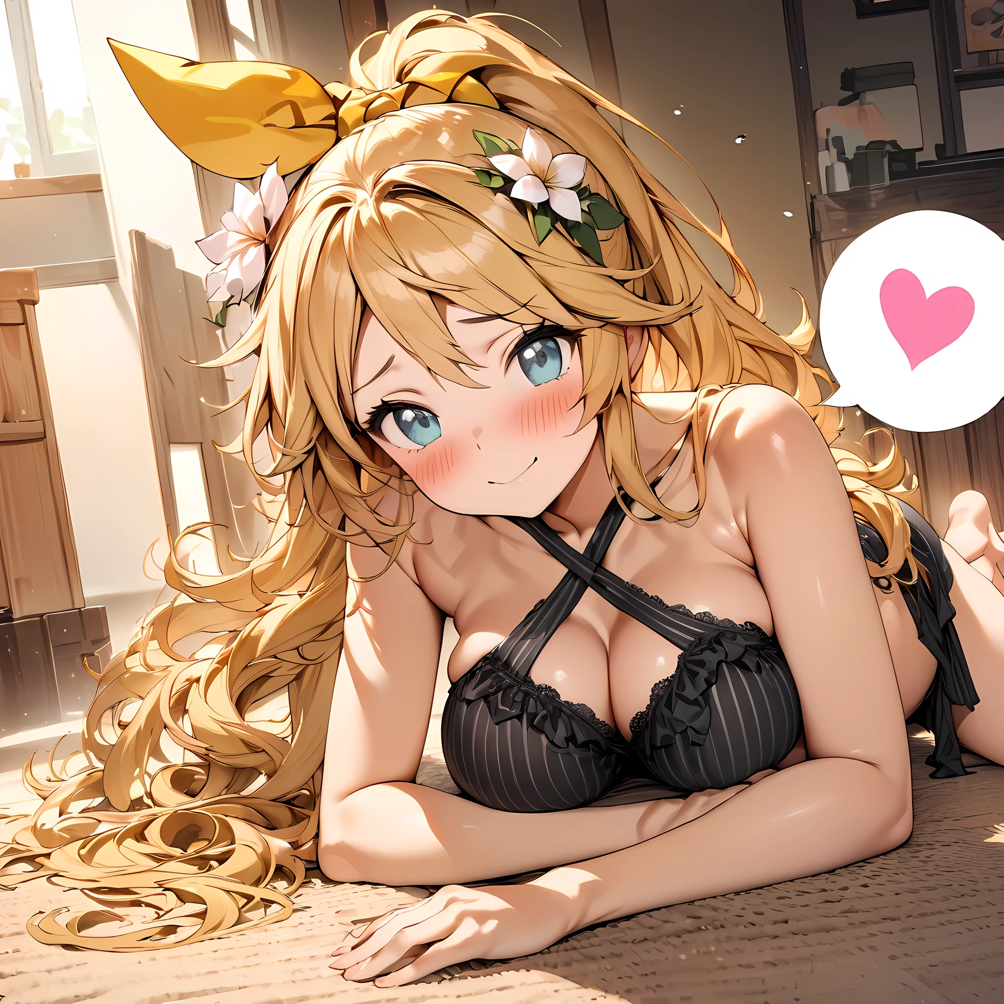 masterpiece), (highest quality), (illustration), (super detailed), (high resolution), absurdity, 1girl,kagamine len,vocaloid,long hair,wavy hair,ponytail,criss-cross halter,black striped bikini,long hair,hair flower,blush,beachyokozuwari,looking at viewer,bare feet,blush,shy smile,bimbo,spoken heart