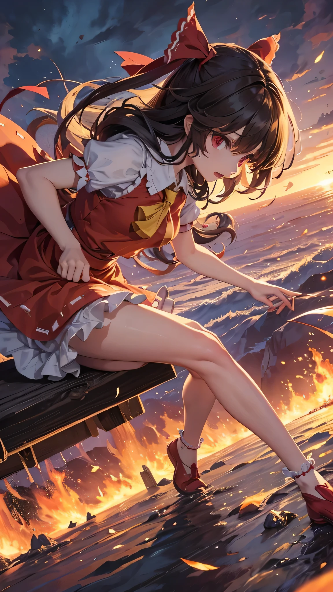 solo 1 girl view, TouHou project, An adventure girl Reimu, which due to a curse has been transformed into Kedama, a little ball of hair, having to fight waves of enemies, an isometric perspective with both ranged attacks and hand-to-hand combat, being able to turn into different monsters, random angle.,(all realistic intricate details)