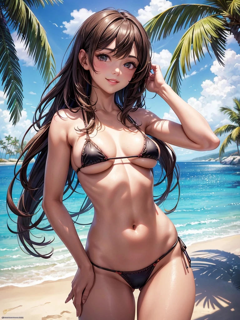 ,(best quality, ultra-detailed, realistic:1.37, masterpiece:1.2), woman, beautiful detailed eyes, beautiful detailed lips, brown hair tied up, smile,micro bikini, slim figure, caustics, textile shading, toned body, palm trees swaying, 