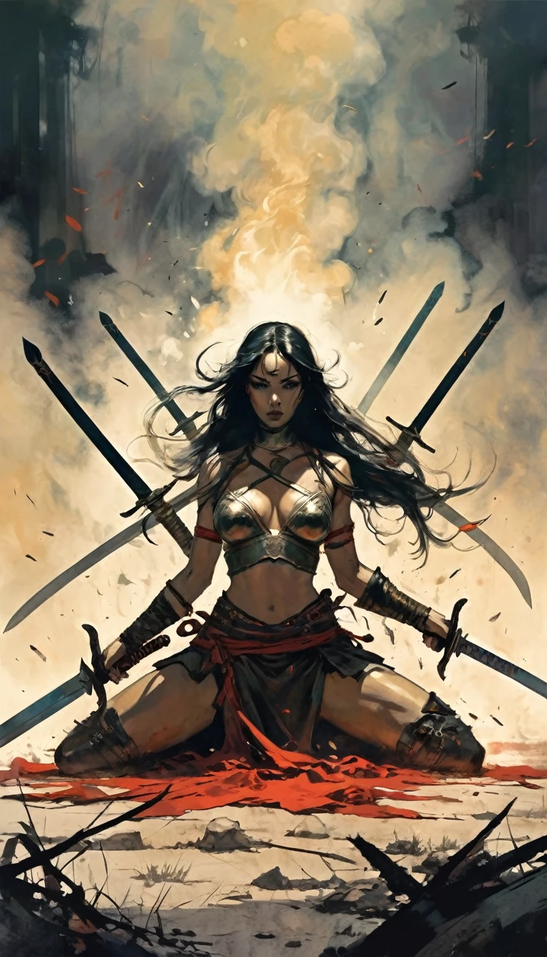  a woman warrior picks up five swords from the ground, , battle challenges, dead, smoke (art inspired by Bill Sienkiewicz)
