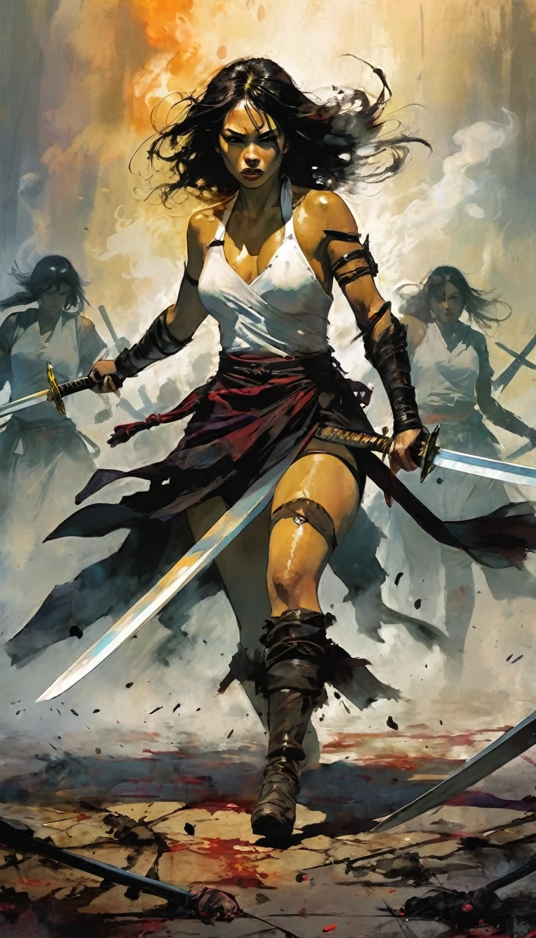 a woman warrior picks up five swords from the ground, , battle challenges, dead, smoke (art inspired by Bill Sienkiewicz)