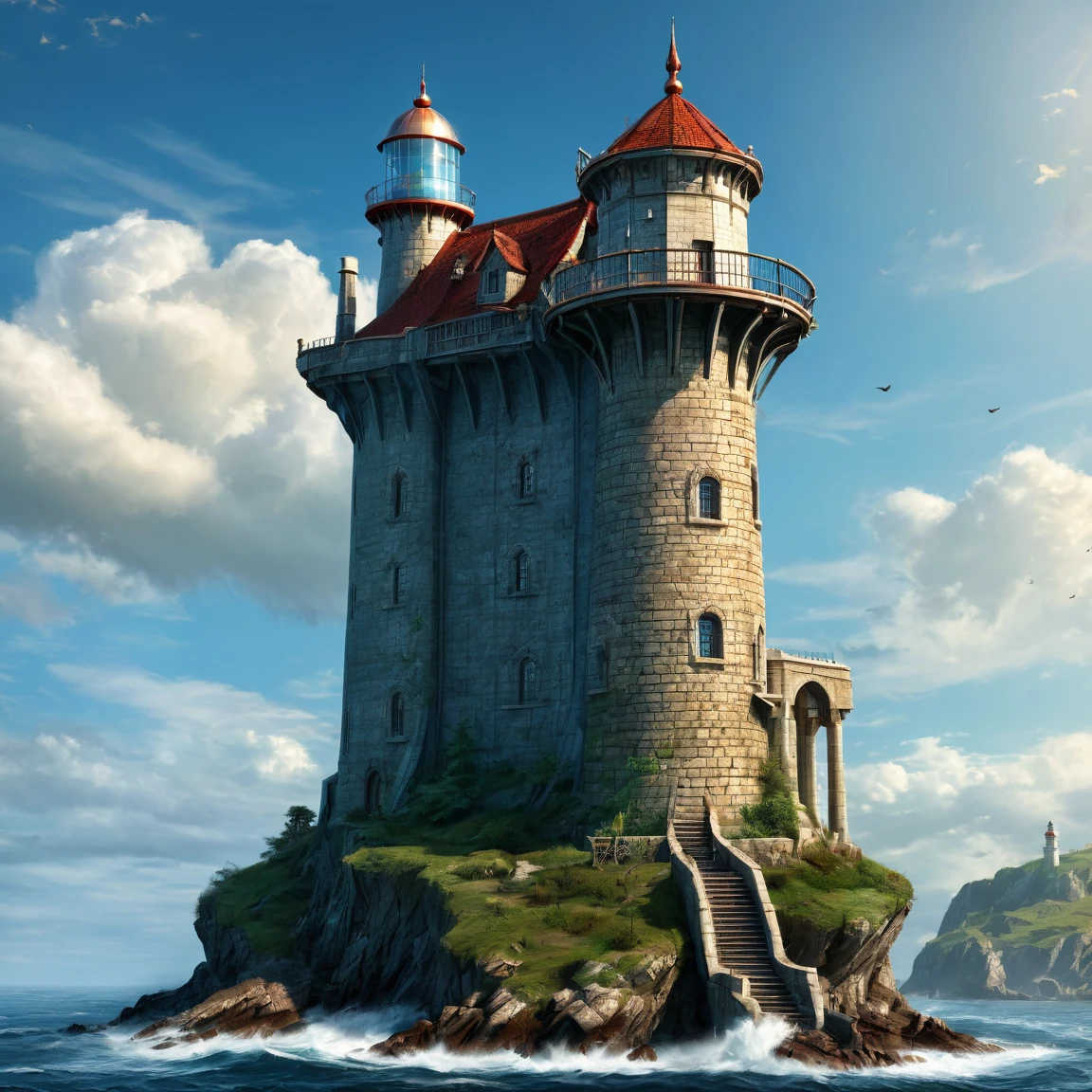 (best quality)), ((masterpiece)), ((realistic,digital art)), (super detailed), (gigantic elf lighthouse 300 meters high), (medieval fantasy style), front view