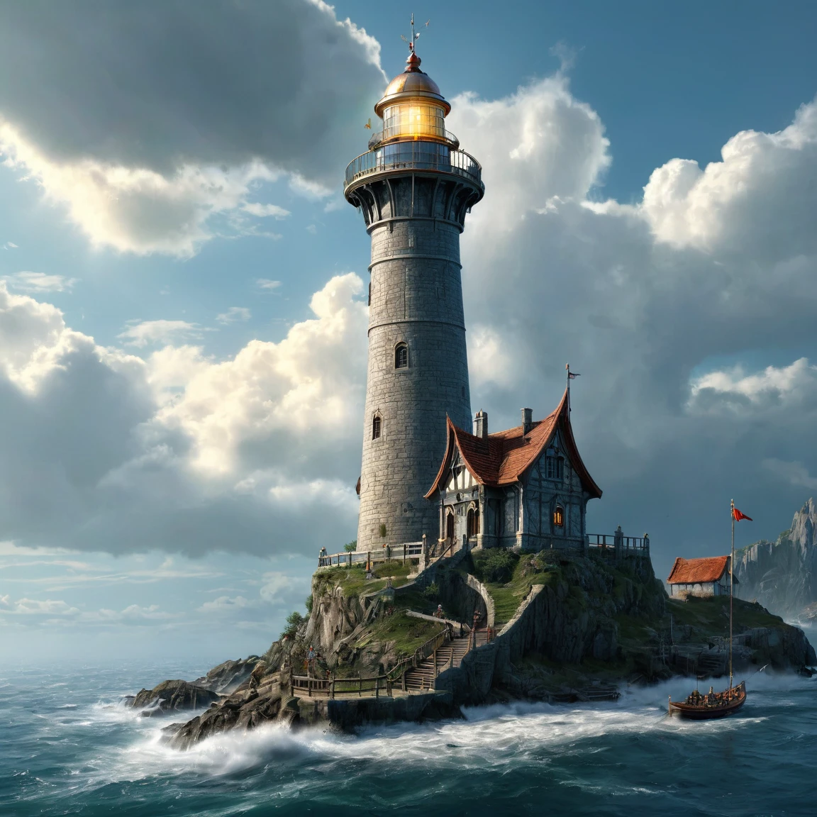 (best quality)), ((masterpiece)), ((realistic,digital art)), (super detailed), (gigantic elf lighthouse 300 meters high), (medieval fantasy style), front view