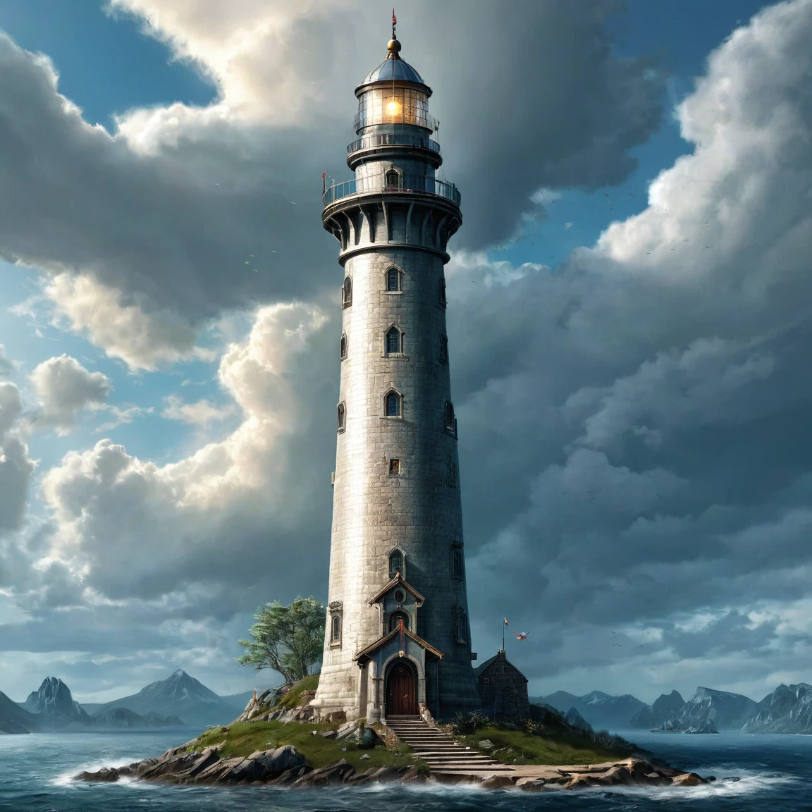 (best quality)), ((masterpiece)), ((realistic,digital art)), (super detailed), (gigantic elf lighthouse 300 meters high), (medieval fantasy style), front view