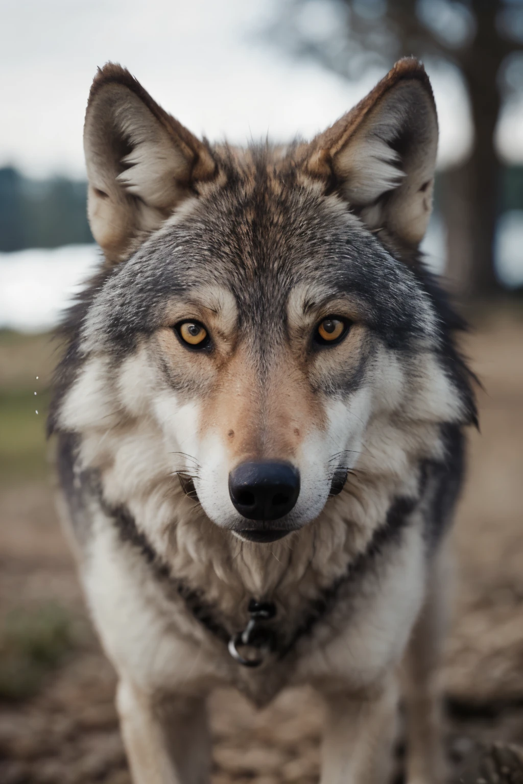 Wolf looking toword camera view, shallow depth of field, detailed background