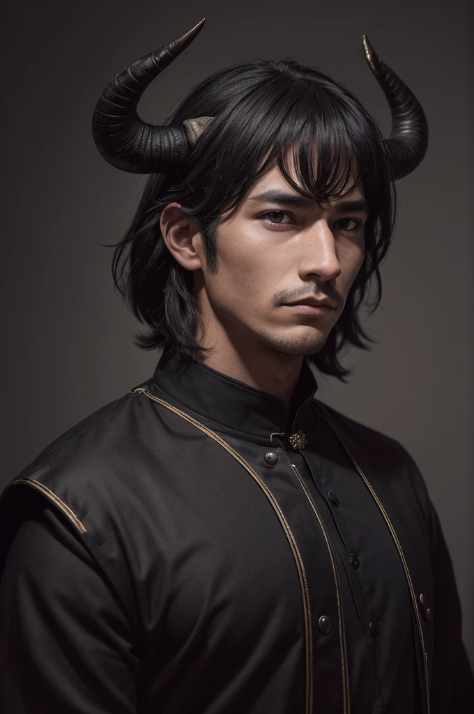 a man, with a dark scaled tail, with two bull horns on his head