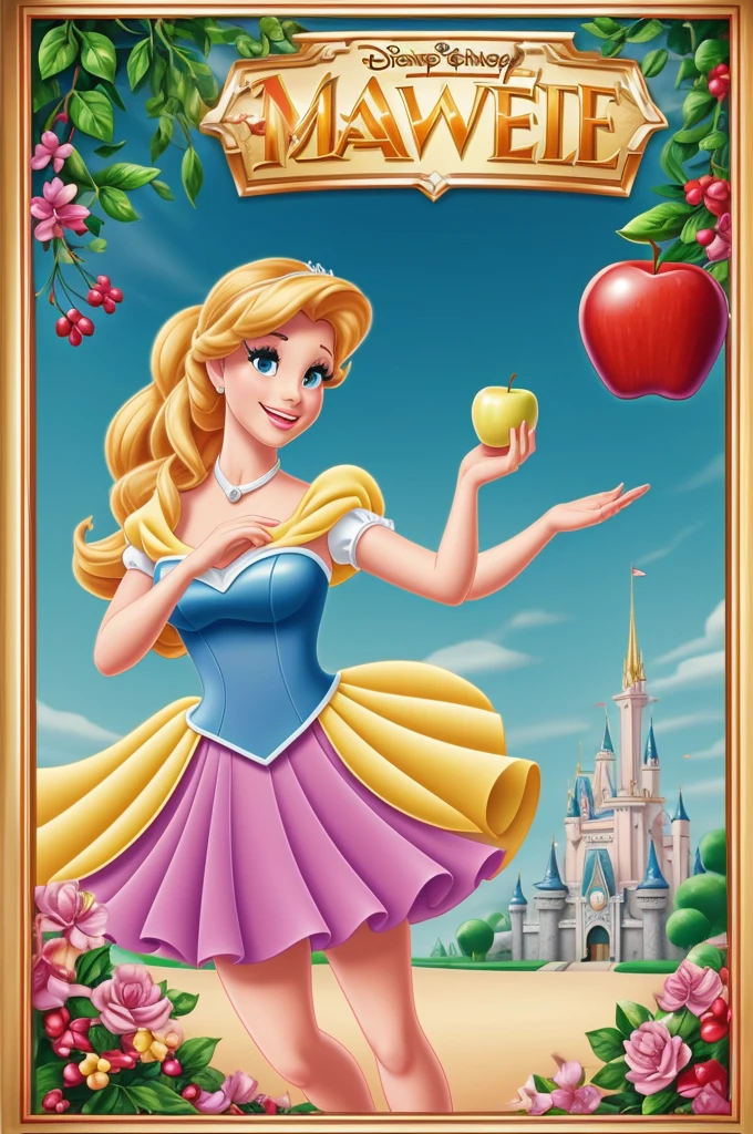 Make a poster with the theme of Disney Chanel princesses and you can see a princess escaping from a castle and there is an apple , a glass slipper like Cinderella's and a crown 