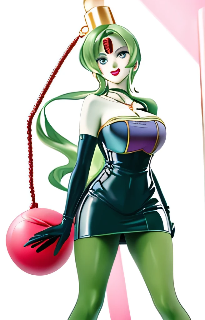(masterpiece,best quality,ultra-delicate,Perfect Face,16k,high resolution,very beautiful woman), Atsugessho:1.2, green hair,blue latex bodycon dress, long latex gloves, green tights, (large breasts), gold headpiece, pale blue skin, red gem on forehead, pink mist, ((cosmetics counter)), holding large red ball on rope, necklace, seductive smirk, (extremely glossy)