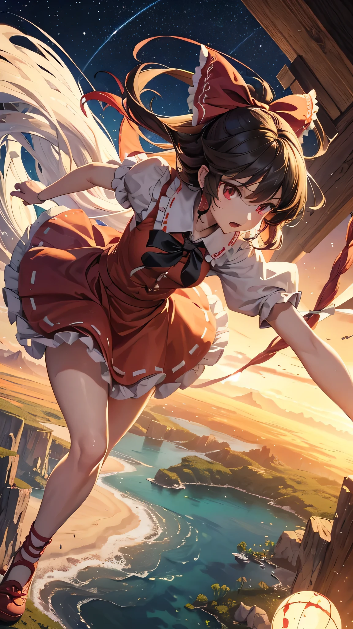 solo 1 girl view, TouHou project, An adventure girl Reimu, which due to a curse has been transformed into Kedama, a little ball of hair, having to fight waves of enemies, an isometric perspective with both ranged attacks and hand-to-hand combat, being able to turn into different monsters, random angle.,(all realistic intricate details)
