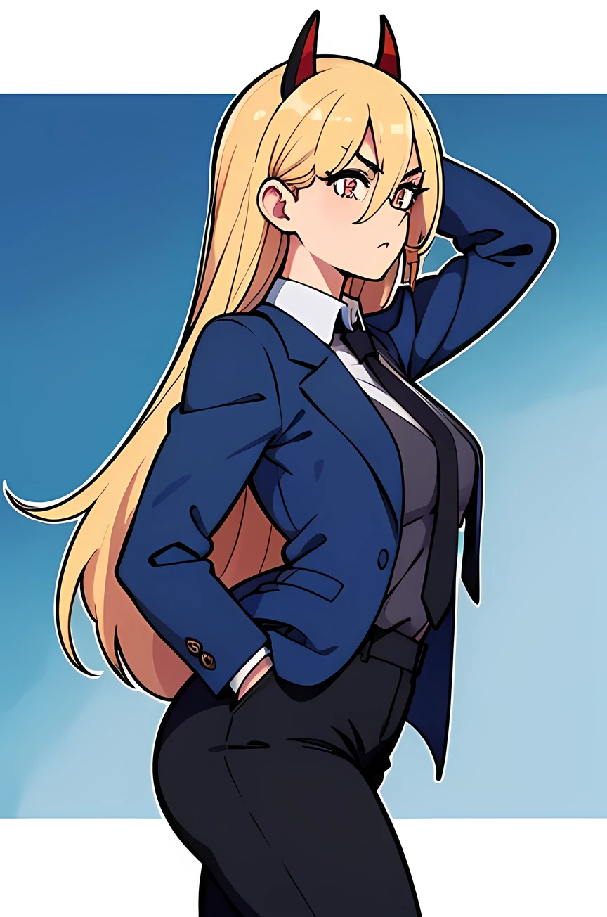 power \(csm\), walking, from side, perfil view, symbol-shaped pupils, cross-shaped pupils, perfect but, standing, blue jacket, collared shirt, black necktie, black pants, blonde hair