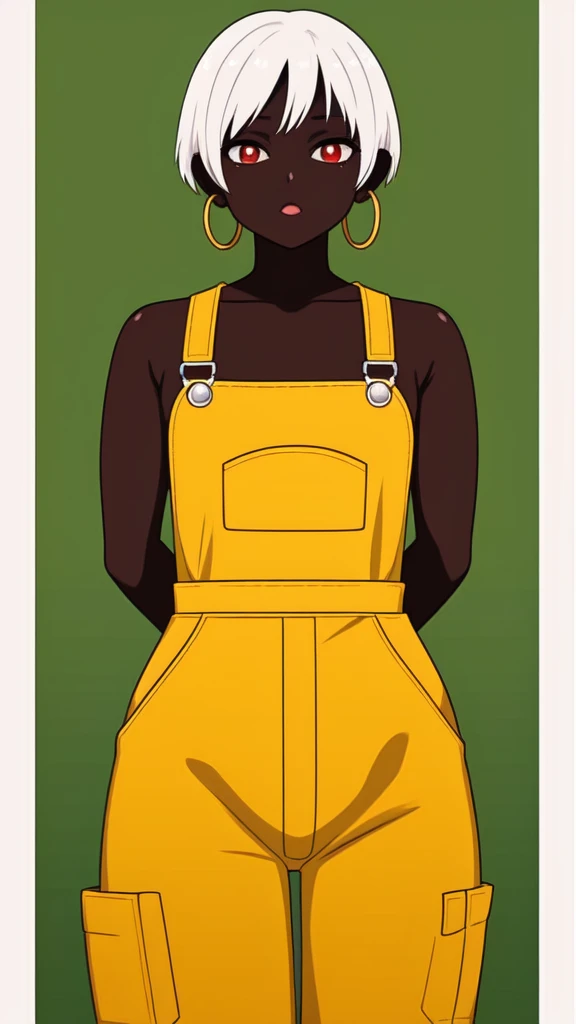 masterpiece, best quality,1girl, ((young girl)), ((large round magical red eyes)), shiny skin, (thin waist), (short white hair), ((curvy)), ((wide hips)), ((hoop earrings)), ((small)) , (((yellow overalls))), hot, green background, soft natural lighting, reflections, bright illuminations, deep dark black skin, ((yellow outfit))