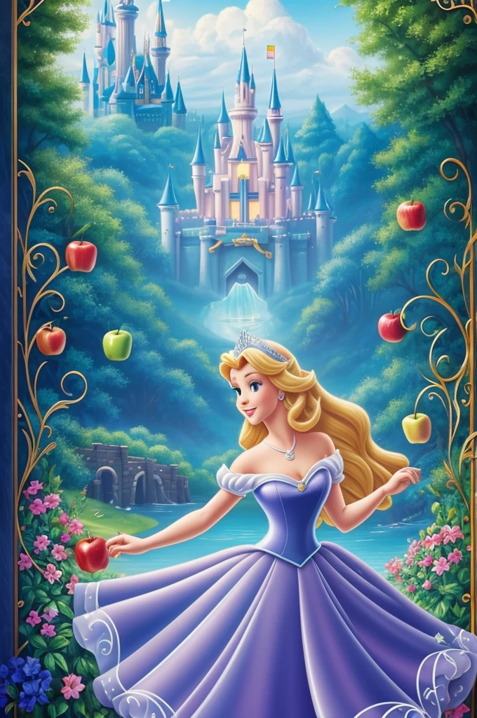 Make a poster with the theme of Disney Chanel princesses and you can see a princess escaping from a castle and there is an apple , a glass slipper like Cinderella's and a crown
