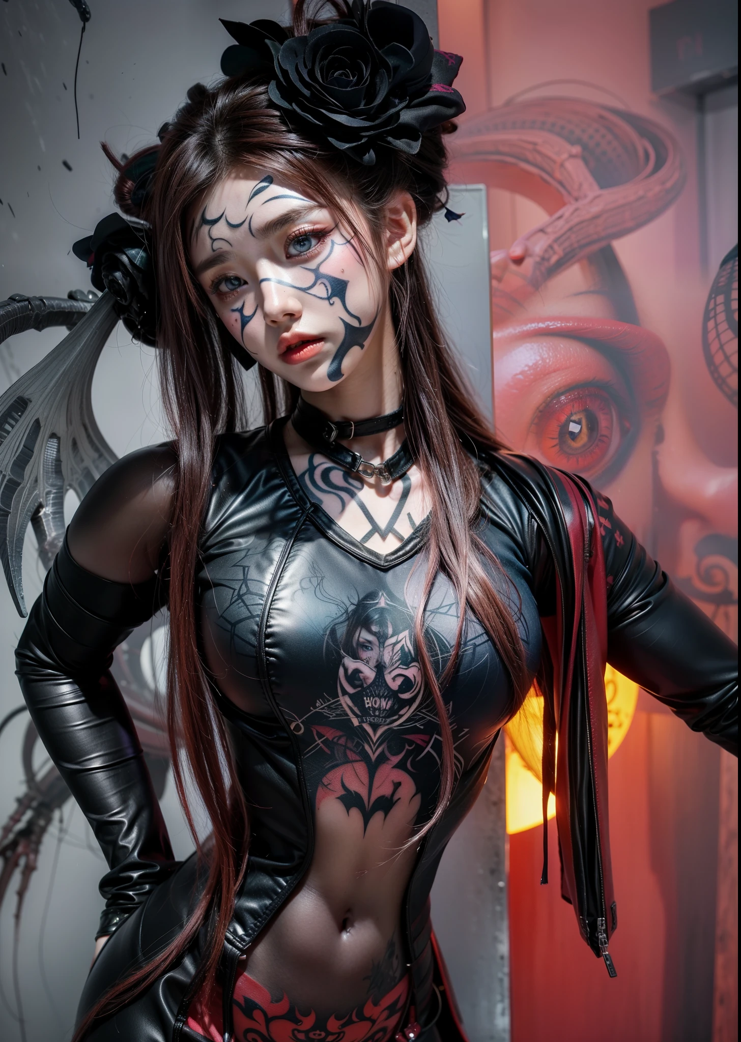 Detailed image quality,Pandora the Witch,wing, Succubus Theme,堕落Angel,Excellent,scary,Secret Terror,Tentacles,With eyes,Uncanny Valley Effect,Beast Blood Moon,skeleton,vampire,Hellfire,Dark Queen,Angel,magician magic witch,16岁Angel,Eyes are blue(Pupils as deep as the starry sky),Gorgeous tattoo designs all over the body,Tattoo Queen,Wearing cheongsam,Tight clothing,Tattoo designs on face