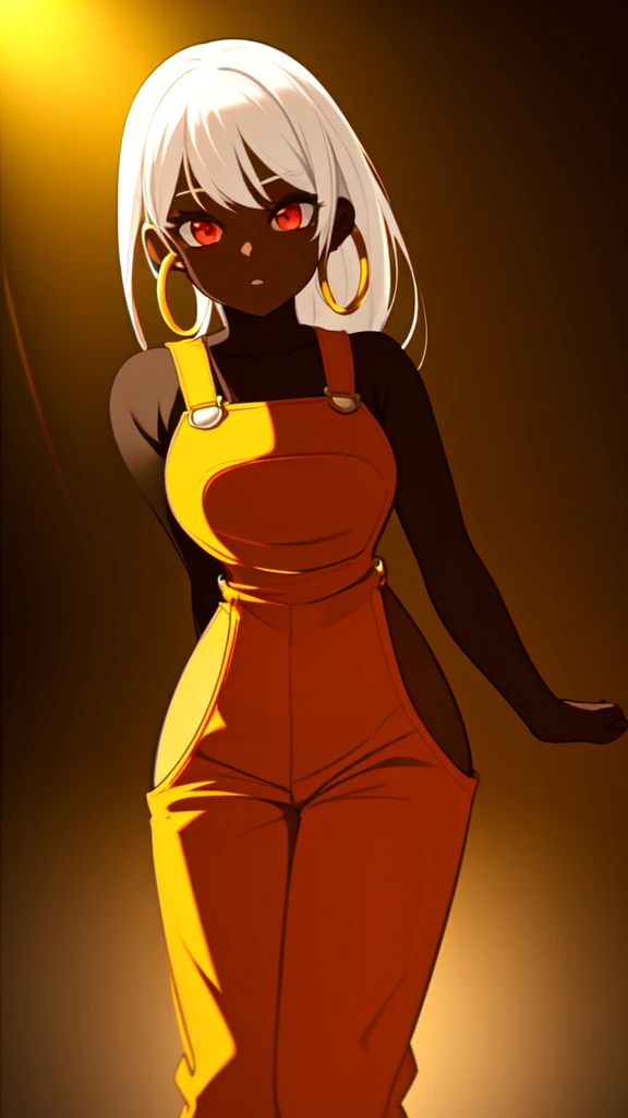 masterpiece, best quality,1girl, (( girl)), ((large round magical red eyes)), shiny skin, (thin waist), (white hair), ((curvy)), ((wide hips)), ((hoop earrings)), ((small)) , (((yellow overalls))), hot, soft natural lighting, reflections, bright illuminations, deep dark black skin, ((yellow outfit))